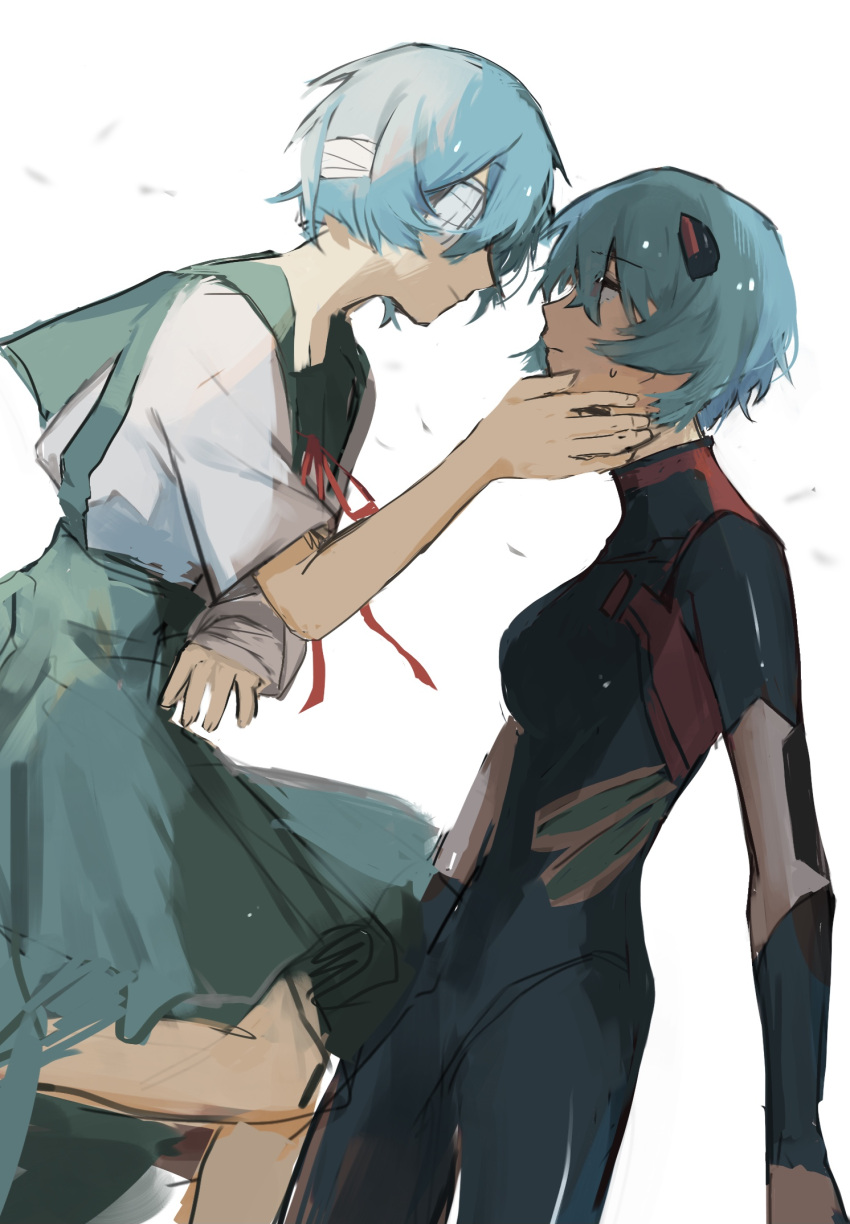 2girls aki_(_n_ff) ayanami_rei bandaged_head bandages black_bodysuit blue_hair blue_skirt bodysuit closed_mouth commentary dual_persona eye_contact highres interface_headset looking_at_another multiple_girls neck_ribbon neon_genesis_evangelion red_ribbon ribbon school_uniform selfcest shirt short_hair short_sleeves simple_background skirt suspender_skirt suspenders sweat tokyo-3_middle_school_uniform_(evangelion) white_background white_shirt yuri