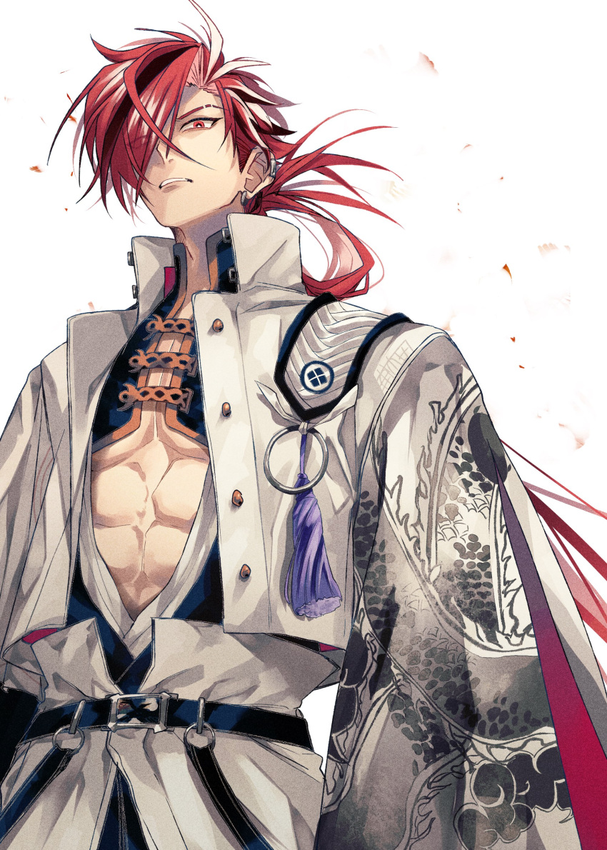 1boy abs absurdres bangs belt black_belt black_hair commentary earrings fate/grand_order fate_(series) feet_out_of_frame glance hair_over_one_eye highres jacket japanese_clothes jewelry long_hair long_sleeves looking_at_viewer male_focus multicolored_hair pants pectoral_cleavage pectorals red_eyes redhead simple_background solo streaked_hair takasugi_shinsaku_(fate) teeth toned toned_male u_5ham0 underpec white_background white_hair white_jacket wide_sleeves