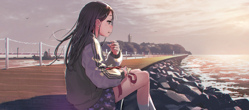 1girl absurdres bird black_hair boat clouds cloudy_sky dock eating enoshima evening floral_print hair_ornament hairclip highres jacket kneehighs letterman_jacket long_hair looking_afar looking_away minawa ocean on_ground original outdoors real_world_location rock sad shore sitting skirt sky solo stanchion tearing_up valentine watercraft white_legwear