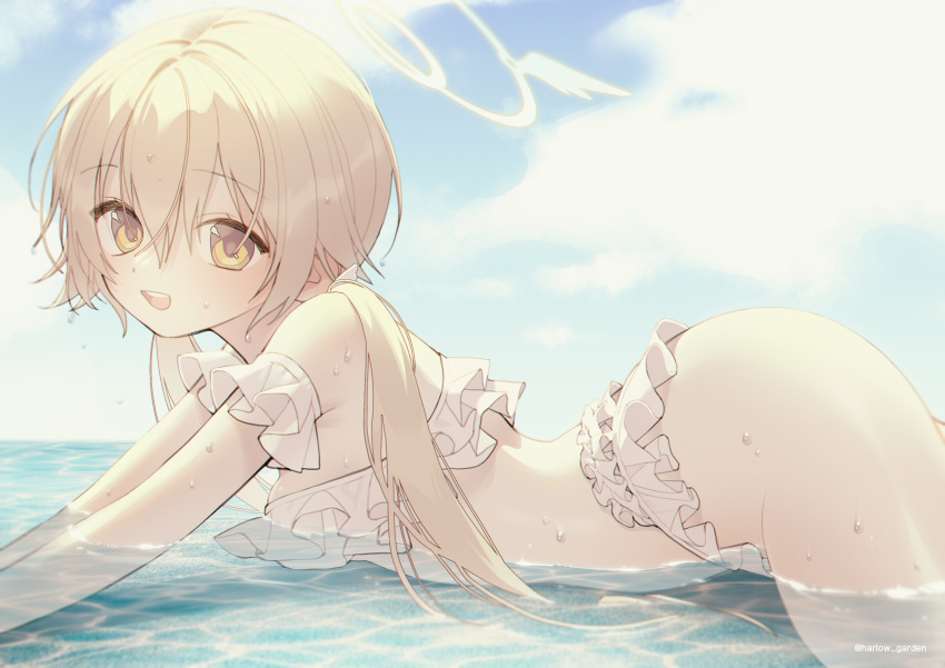 1girl :d ass bikini blonde_hair bloom blue_archive blush breasts clouds eyebrows_visible_through_hair frilled_bikini frills hair_between_eyes halo harlow_garden hifumi_(blue_archive) highleg highleg_bikini highres long_hair looking_at_viewer lying official_alternate_costume on_stomach outdoors shallow_water sky small_breasts smile solo sunlight swimsuit twintails twitter_username water wet white_bikini yellow_eyes