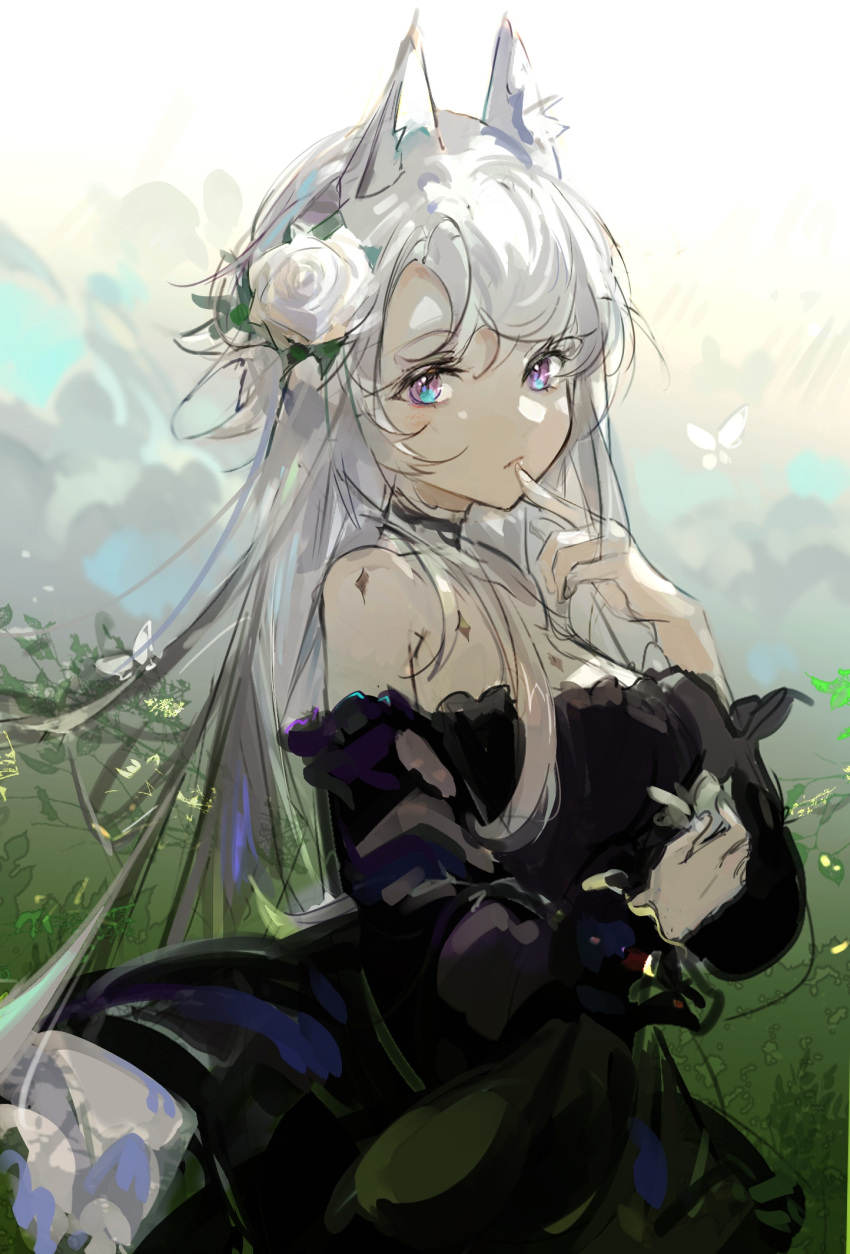 1girl animal_ear_fluff animal_ears arknights bangs bare_shoulders black_dress blue_eyes blush bug butterfly closed_mouth clouds cowboy_shot day dress finger_to_mouth flower hair_flower hair_ornament heavyrain_(arknights) heavyrain_(tranquil_moss)_(arknights) highres horse_ears long_hair official_alternate_costume outdoors qianzhu rose silver_hair solo sunlight swept_bangs white_flower white_rose