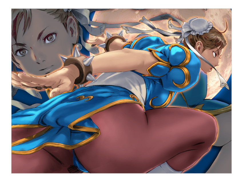 1girl bangs bracelet breasts brown_eyes brown_hair bun_cover china_dress chinese_clothes chun-li closed_mouth commentary_request double_bun dress earrings fingernails full_moon gold_trim highres jewelry lips looking_away medium_breasts moon multiple_views panties pantyhose puffy_short_sleeves puffy_sleeves shiny shiny_hair short_sleeves simple_background solo spiked_bracelet spikes street_fighter street_fighter_ii_(series) underwear yasuda_akira