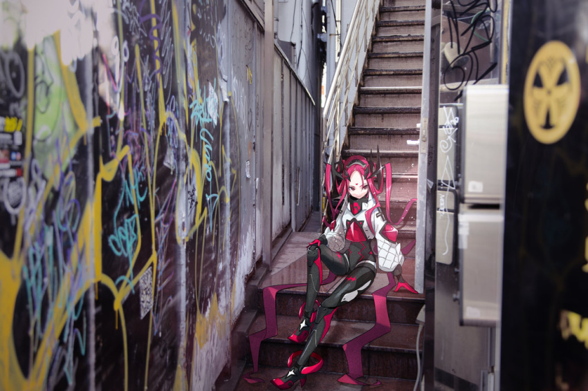 1girl absurdly_long_hair black_bodysuit blurry blurry_foreground bodysuit character_request closed_mouth commentary cropped_jacket facial_mark forehead_mark full_body gloves graffiti horns jacket long_hair photo_background pokimari red_gloves redhead shinsekai_keikaku_sinsekai_city_project sitting smile solo stairs very_long_hair white_jacket