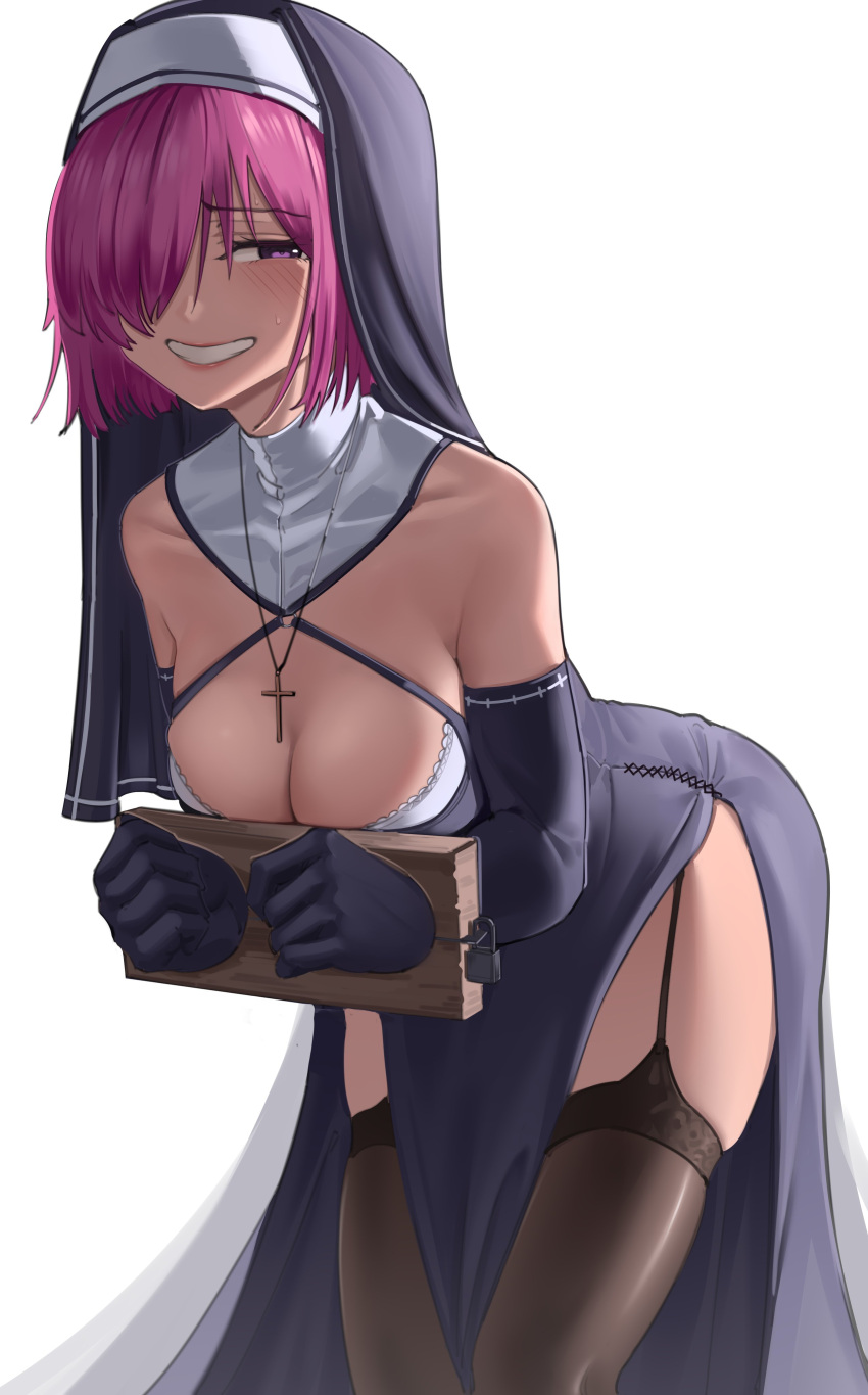 1girl absurdres bare_shoulders blush bound bound_wrists breasts cowboy_shot cross cross_necklace elbow_gloves eyebrows_visible_through_hair fate/grand_order fate_(series) gloves habit hair_over_one_eye harris_hero highres jewelry mash_kyrielight necklace nun parted_lips simple_background solo stocks teeth thigh-highs white_background