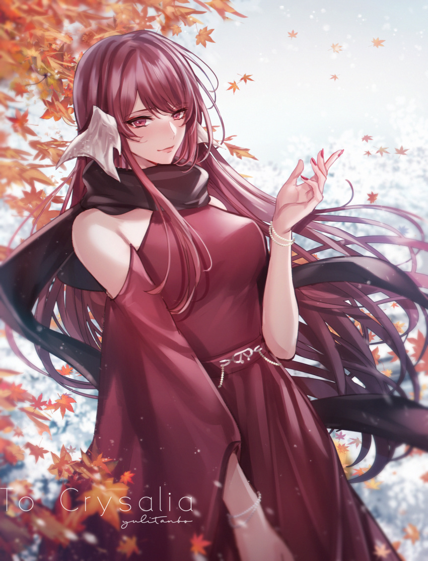 1girl au_ra autumn_leaves avatar_(ff14) bare_shoulders bracelet closed_mouth clothing_cutout commentary_request commission dress falling_leaves final_fantasy final_fantasy_xiv hand_up highres horns jewelry leaf long_hair looking_at_viewer nail_polish outdoors red_dress red_eyes red_nails redhead shoulder_cutout skeb_commission smile solo upper_body yuli_(yulipo)