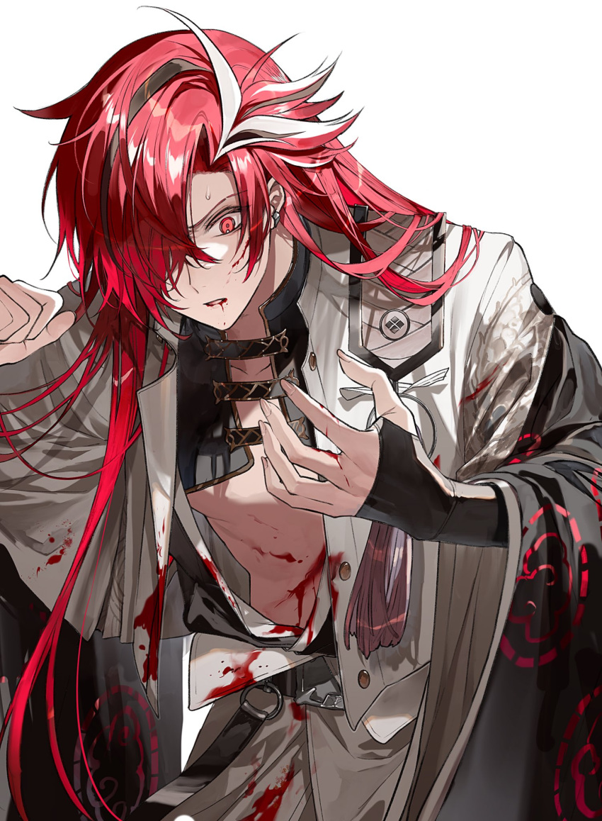 1boy bangs black_hair bleeding blood blood_on_face blood_on_hands blood_stain commentary_request deep_wound earrings fate/grand_order fate_(series) hair_over_one_eye hands_up highres injury jacket japanese_clothes jewelry kuga_huna long_hair long_sleeves looking_away male_focus multicolored_hair pectoral_cleavage pectorals red_eyes redhead simple_background solo streaked_hair takasugi_shinsaku_(fate) underpec upper_body white_background white_hair white_jacket