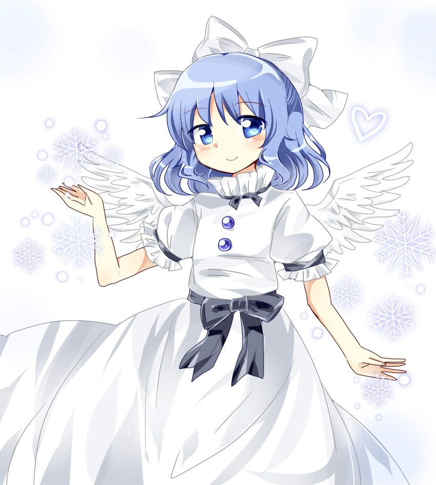 1girl angel_wings black_bow black_ribbon black_sash blue_eyes blue_hair blush bow buttons closed_mouth commentary_request dress eyebrows_visible_through_hair feathered_wings frilled_sleeves frills hair_bow highres looking_at_viewer mai_(touhou) ougi_maimai ribbon sash short_hair short_sleeves smile snowflakes touhou touhou_(pc-98) white_bow white_dress white_wings wings