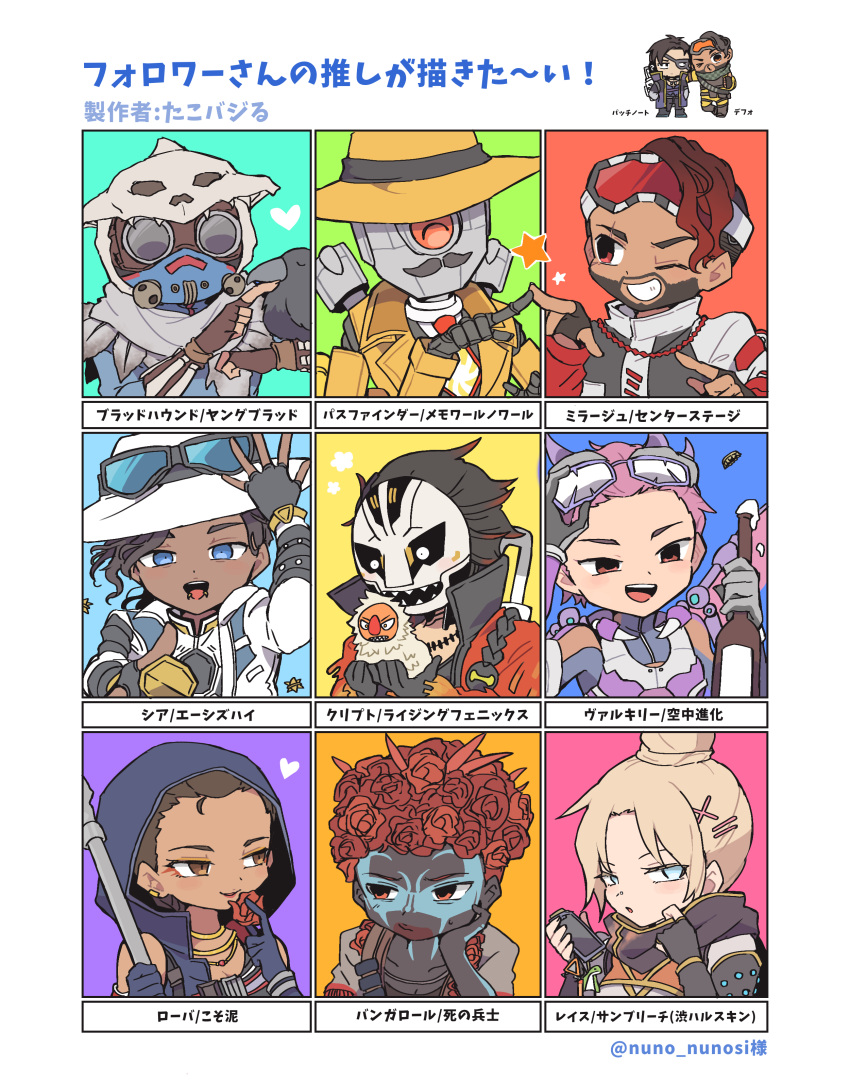 1non-binary 4boys 4girls absurdres aces_high_seer aerial_evolution_valkyrie apex_legends bangalore_(apex_legends) bangs bird black_gloves black_hair blonde_hair bloodhound_(apex_legends) blue_eyes bottle brown_jacket center_stage_mirage crow crypto_(apex_legends) dark-skinned_female dark-skinned_male dark_skin facial_hair flower followers_favorite_challenge gloves goggles goggles_on_headwear hair_slicked_back heart highres holding holding_bottle hood hood_up humanoid_robot jacket long_hair looking_to_the_side mask memoir_noir_pathfinder mirage_(apex_legends) multiple_boys multiple_girls mustache nojima_minami official_alternate_costume one-eyed one_eye_closed orange_jacket parted_bangs patch_notes_crypto pathfinder_(apex_legends) petty_theft_loba pink_hair queer red_eyes red_flower red_jacket redhead rising_phoenix_crypto seer_(apex_legends) soldado_de_la_muerte_bangalore sun_bleached_wraith trans valkyrie_(apex_legends) wraith_(apex_legends) young_blood_bloodhound