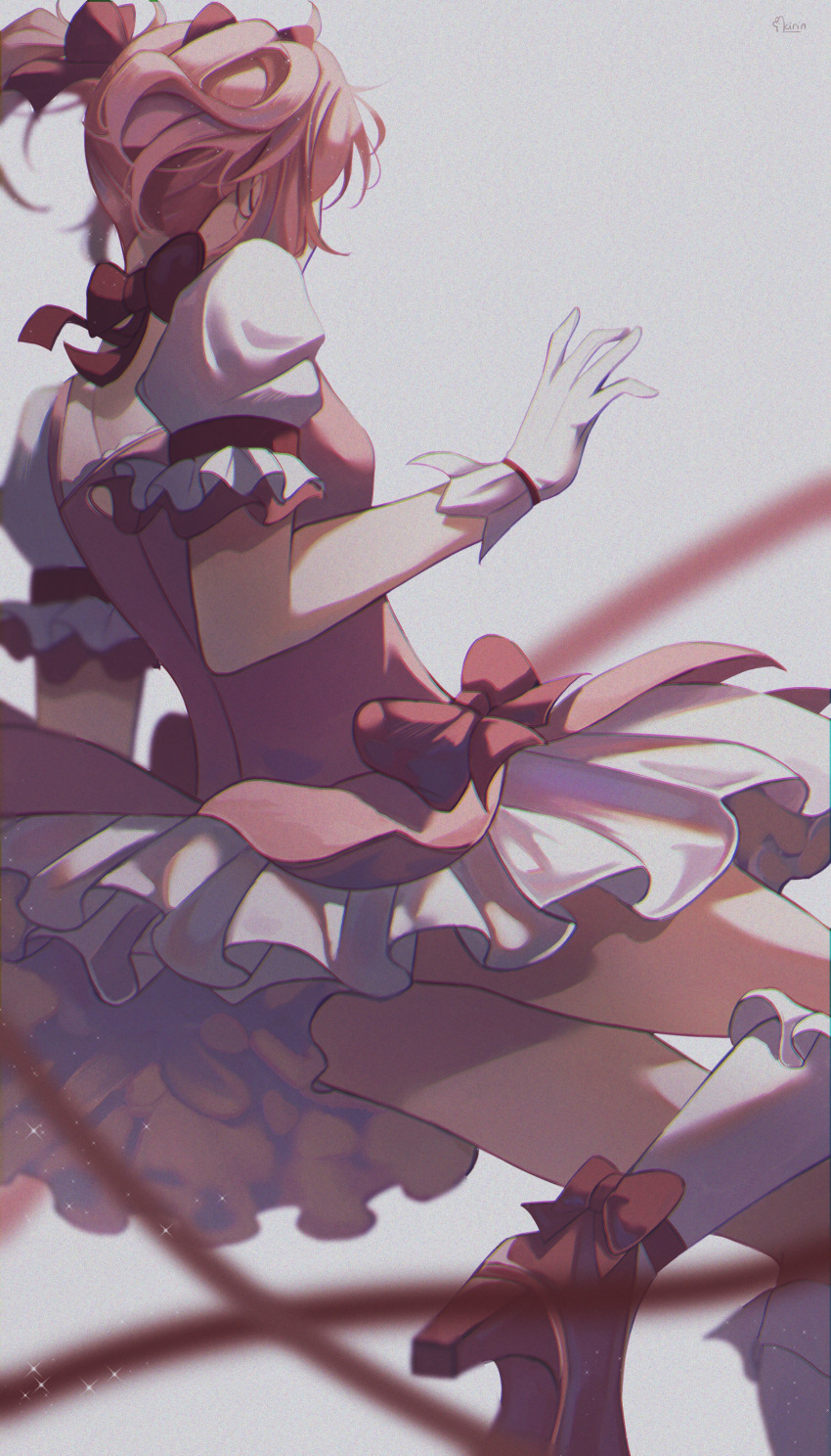 1girl absurdres ankle_ribbon arm_at_side artist_name blurry bobby_socks bow breasts chromatic_aberration commentary_request depth_of_field facing_away floating_hair foot_out_of_frame foot_up frilled_skirt frilled_sleeves frills from_behind gloves hair_ribbon hand_up highres kaname_madoka kirinify legs_apart mahou_shoujo_madoka_magica muted_color neck_ribbon pink_hair puffy_short_sleeves puffy_sleeves red_footwear red_ribbon ribbon shoes short_sleeves short_twintails sideboob skirt small_breasts socks solo sparkle thighs twintails waist_bow white_gloves white_legwear white_skirt