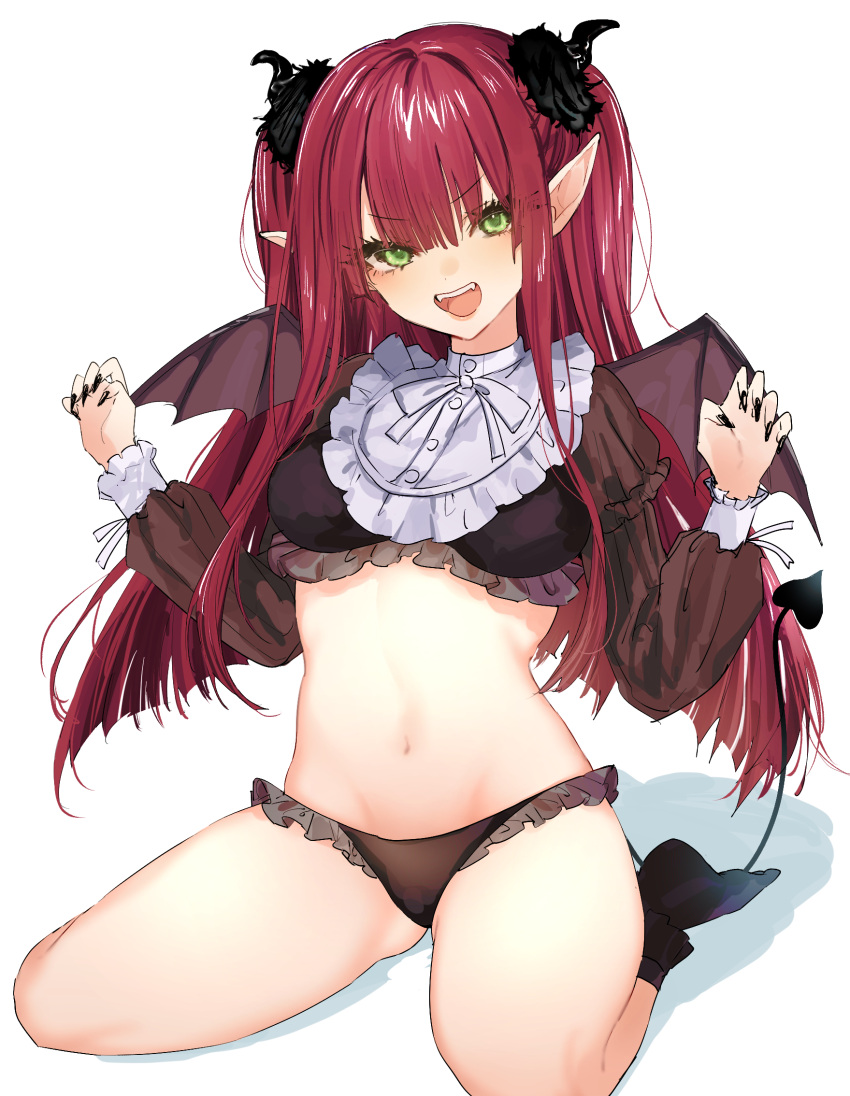 1girl arms_up ass bare_legs black_legwear black_nails bobby_socks breasts cosplay demon_girl demon_horns demon_tail fake_horns fake_tail fangs frills green_eyes highres horns kitagawa_marin long_pointy_ears looking_at_viewer looking_to_the_side medium_breasts midriff navel no_shoes ogai open_mouth panties pointy_ears puffy_sleeves redhead rizu-kyun rizu-kyun_(cosplay) simple_background sitting smile socks solo sono_bisque_doll_wa_koi_wo_suru stomach tail teeth thighs touching_ears twintails underwear wariza white_background