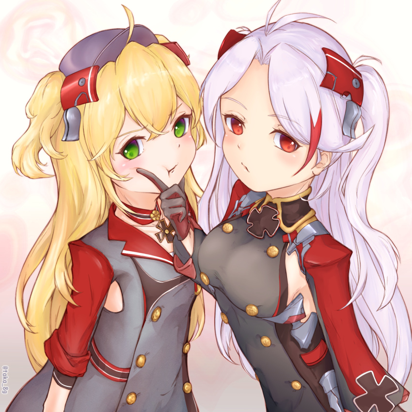 2girls admiral_hipper_(azur_lane) ahoge antenna_hair armpit_cutout azur_lane bangs blonde_hair blush breasts buttons choker closed_mouth clothing_cutout collarbone commentary_request cowboy_shot cross crossed_bangs double-breasted dress elbow_sleeve eyebrows_visible_through_hair finger_to_another's_cheek flat_chest gloves green_eyes grey_dress grey_gloves hair_between_eyes hand_up hat headgear highres iron_cross large_breasts long_hair long_sleeves looking_at_viewer mole multicolored_hair multiple_girls peaked_cap pout prinz_eugen_(azur_lane) red_eyes red_sleeves redhead side_cutout sideboob sidelocks silver_hair standing streaked_hair swept_bangs taka-8g twitter_username two_side_up