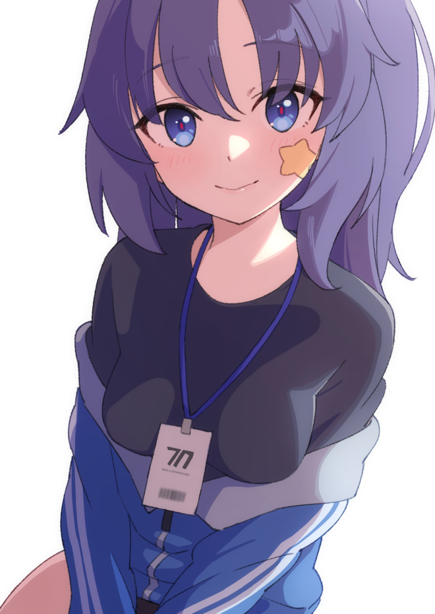 1girl afnroll alternate_hairstyle black_shirt blue_archive blue_jacket breasts highres id_card jacket lanyard light_blush looking_at_viewer medium_breasts medium_hair off_shoulder official_alternate_costume ponytail purple_hair red_pupils shirt simple_background smile solo star_(symbol) sticker track_jacket unzipped violet_eyes white_background yuuka_(blue_archive)