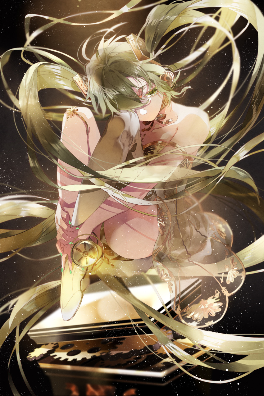 1girl alternate_hair_color armlet bangs bare_shoulders black_background blurry breasts brown_ribbon collarbone colored_eyelashes commentary dress eyelashes gears gold gold_choker gold_trim green_dress green_eyes green_hair green_nails hair_between_eyes hair_over_one_eye hatsune_miku highres hugging_own_legs knees_up light_particles long_hair looking_down miku_symphony_(vocaloid) neck_ribbon one_eye_covered reika_(iamreika) ribbon single_thighhigh sitting small_breasts solo strapless strapless_dress thigh-highs thighs twintails very_long_hair vocaloid