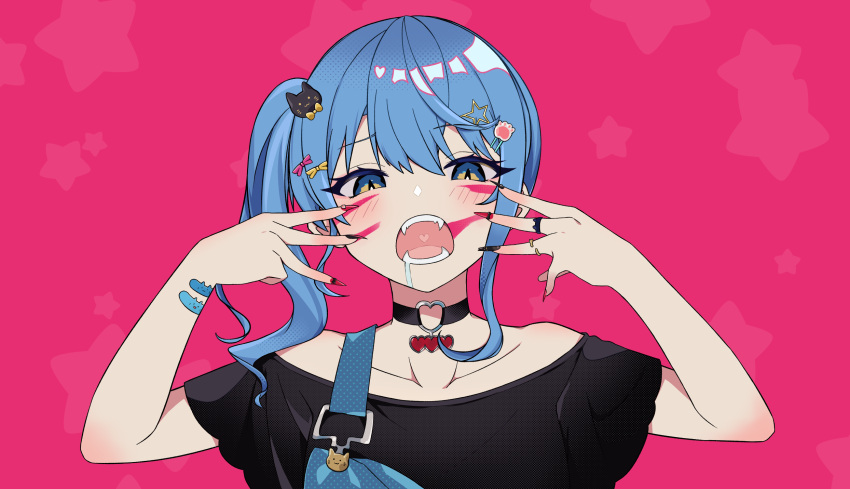 1girl alternate_costume alternate_hairstyle animal_(vocaloid) bandaid bangs black_shirt blue_eyes blue_hair blue_overalls choker collarbone drooling eyebrows_visible_through_hair hair_ornament hairclip heart heart_choker highres hololive hoshimachi_suisei jewelry kenken_(keuken) looking_at_viewer medium_hair open_mouth overalls parody pink_background ring shirt side_ponytail solo star_(symbol) star_in_eye starry_background symbol_in_eye virtual_youtuber