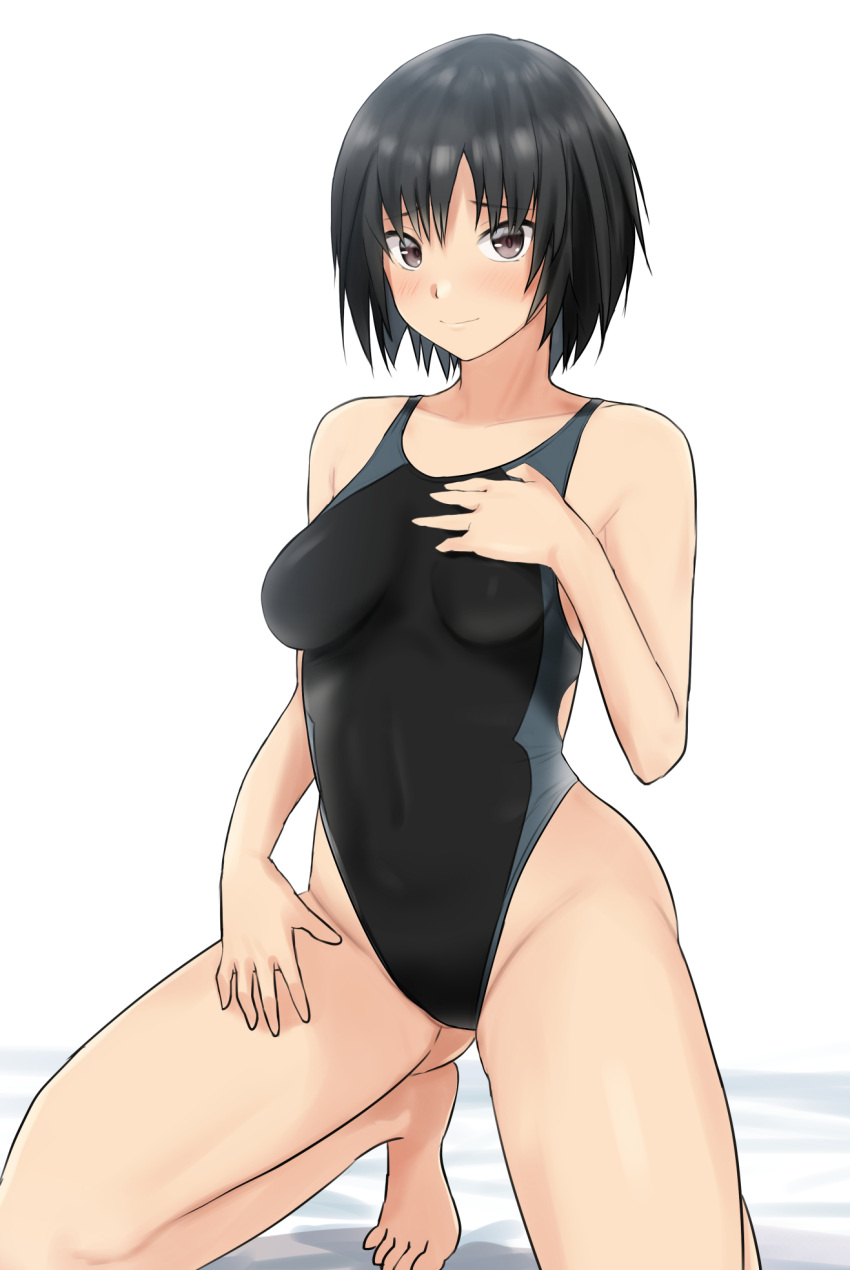 1girl amagami barefoot black_eyes black_hair black_swimsuit breasts commentary_request competition_swimsuit full_body hand_on_own_chest highleg highleg_swimsuit highres kneeling looking_at_viewer nanasaki_ai one-piece_swimsuit short_hair simple_background small_breasts solo swimsuit white_background ykh1028
