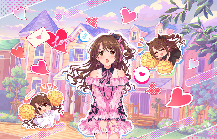 1girl :o angel_and_devil black_dress blush bow brown_hair chibi clothing_cutout clouds demon_horns dress eyebrows_visible_through_hair flying_sweatdrops frilled_dress frills hair_bow halftone_texture halo heart holding holding_pom_poms horns house idol idolmaster idolmaster_cinderella_girls idolmaster_cinderella_girls_starlight_stage letter looking_at_viewer multiple_persona notice_lines official_art one_side_up outline pink_dress pom_pom_(cheerleading) shimamura_uzuki shoulder_cutout spoken_flying_sweatdrops spoken_heart wavy_hair white_dress white_outline