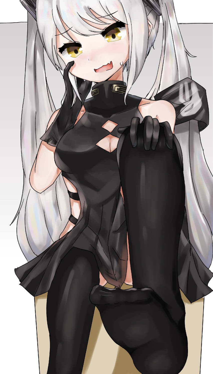 1girl absurdres black_dress black_gloves black_legwear blush breasts commentary destroyer_(girls'_frontline) dress eyebrows_visible_through_hair fang feet foot_focus foot_out_of_frame girls_frontline gloves hand_on_own_face hand_on_own_knee highres leg_up long_hair looking_at_viewer looking_down medium_breasts no_shoes on_box open_mouth sangvis_ferri simple_background sitting skin_fang sleeveless smile soles solo sweatdrop thigh-highs tist twintails very_long_hair white_hair yellow_eyes