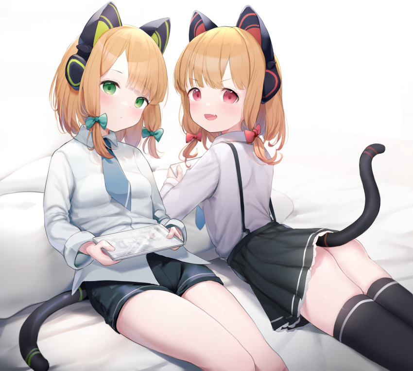 2girls animal_ear_headphones animal_ears ass bangs bed_sheet black_bow black_legwear black_shorts black_skirt blonde_hair blue_archive blue_necktie blush bow cat_ear_headphones cat_ears cat_tail cellphone closed_mouth collared_shirt dress eyebrows_visible_through_hair fake_animal_ears fake_tail green_eyes hair_bow hair_ornament hair_ribbon headphones highres holding long_hair long_sleeves looking_at_viewer lying midori_(blue_archive) momoi_(blue_archive) multiple_girls necktie on_stomach open_mouth parted_bangs parted_lips phone pillow pleated_skirt red_bow red_eyes ribbon shirt shorts siblings sidelocks sitting skirt sleeves_past_wrists smartphone smile somray tail tail_raised thigh-highs tress_ribbon twins twintails white_shirt