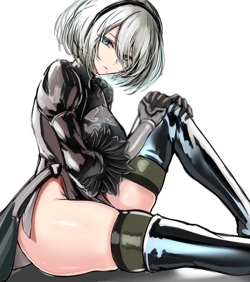 absurdres black_dress black_hairband blue_eyes boots cleavage_cutout clothing_cutout dress feather-trimmed_sleeves gloves hairband highres juliet_sleeves kaoru1307 leather leather_boots long_sleeves mole mole_under_mouth nier_(series) nier_automata no_blindfold puffy_sleeves silver_hair thigh-highs thighhighs_under_boots vambraces white_hair yorha_no._2_type_b