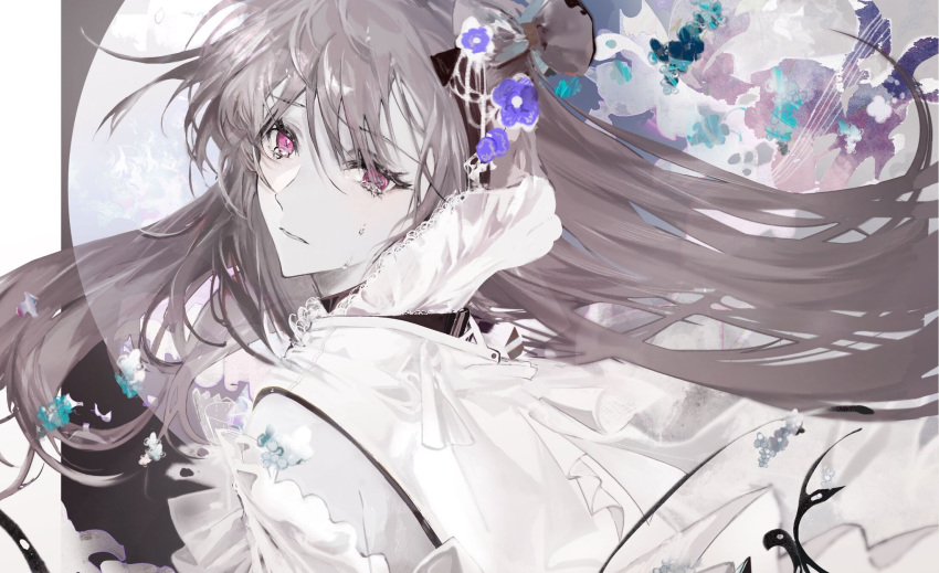 1girl aqua_flower brown_hair commentary crying crying_with_eyes_open flower frilled_shirt frills from_side genn_00o highres long_hair looking_at_viewer looking_to_the_side original parted_lips purple_flower red_eyes shirt solo tears upper_body white_background white_shirt
