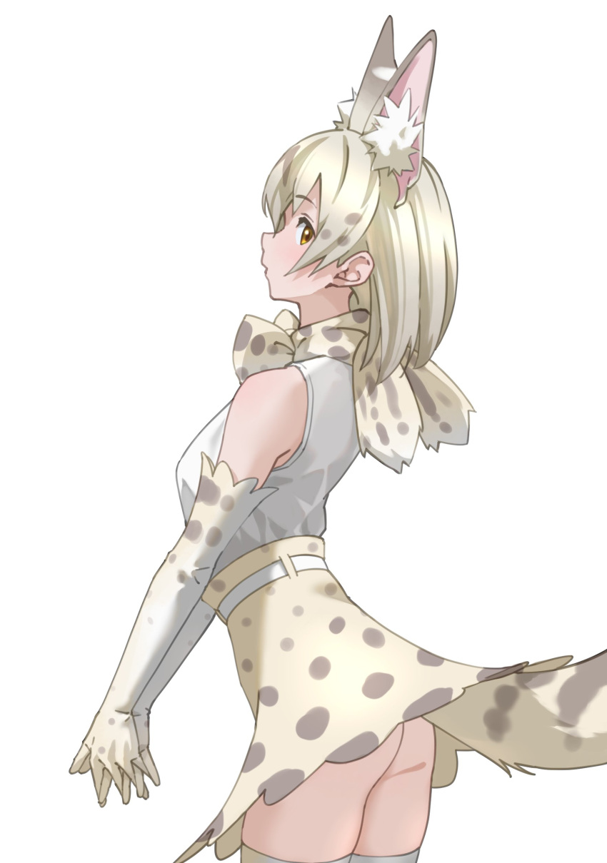 1girl absurdres animal_ear_fluff animal_ears bare_shoulders bow bowtie brown_eyes commentary elbow_gloves extra_ears gloves high-waist_skirt highres interlocked_fingers kemono_friends medium_hair own_hands_together platinum_blonde_hair print_bow print_bowtie print_gloves print_skirt serval_print shirt simple_background skirt sleeveless sleeveless_shirt solo tail tanabe_(fueisei) thigh-highs white_background white_serval_(kemono_friends) white_shirt