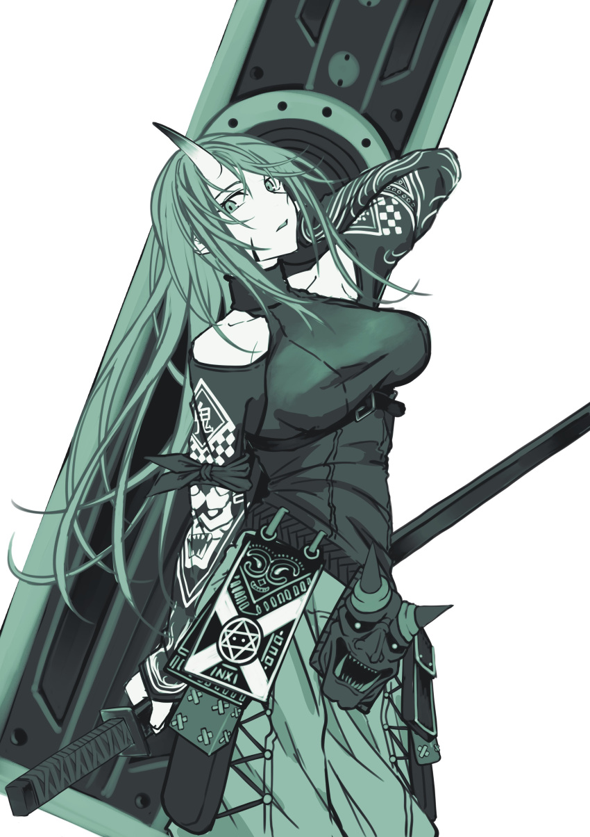1girl absurdres arknights arm_up bare_shoulders belt breasts clothing_cutout cowboy_shot highres holding holding_sword holding_weapon horns hoshiguma_(arknights) hoshiguma_(patrolling_ronin)_(arknights) katana kuromu large_breasts long_hair long_sleeves mask monochrome oni_mask pants scabbard sheath sheathed shirt shoulder_cutout single_horn solo standing sword very_long_hair weapon