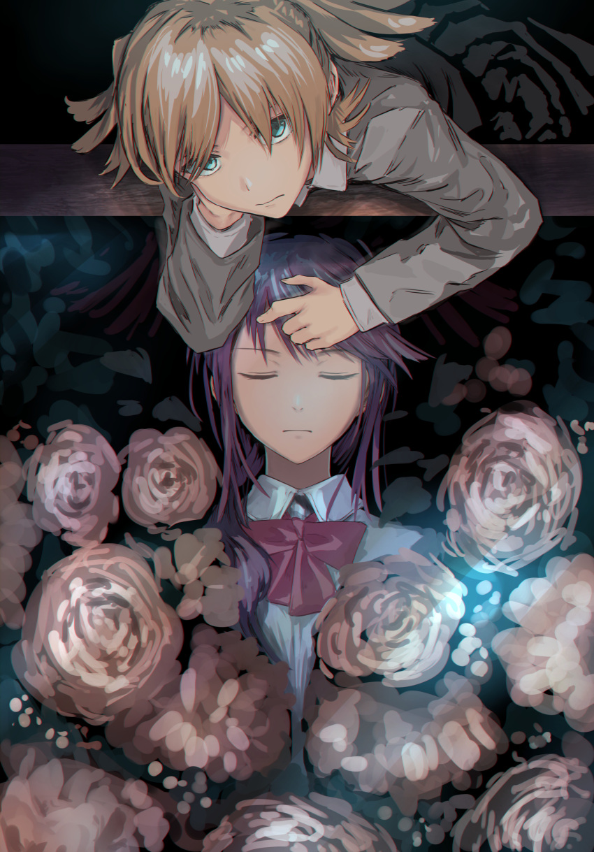2girls absurdres aqua_eyes bangs black_background blonde_hair bow bowtie closed_eyes closed_mouth collared_shirt daiba_nana facing_viewer floral_background flower from_above furukawa_wanosuke grey_jacket hair_over_shoulder hand_on_another's_head hand_on_own_cheek hand_on_own_face head_rest highres hoshimi_junna jacket long_hair long_sleeves looking_at_viewer looking_up lying multiple_girls no_eyewear on_back pink_flower pink_rose purple_hair red_bow red_bowtie rose school_uniform seishou_music_academy_uniform shirt short_hair short_twintails shoujo_kageki_revue_starlight swept_bangs twintails white_shirt