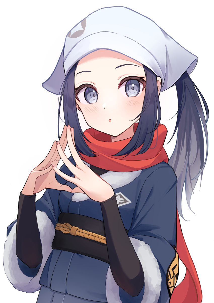 1girl :o absurdres akari_(pokemon) black_hair black_shirt blush commentary_request grey_eyes grey_jacket grey_skirt hands_up head_scarf highres jacket lex_suri12 long_hair looking_at_viewer own_hands_together pokemon pokemon_(game) pokemon_legends:_arceus ponytail red_scarf scarf shirt sidelocks simple_background skirt solo steepled_fingers white_background white_headwear