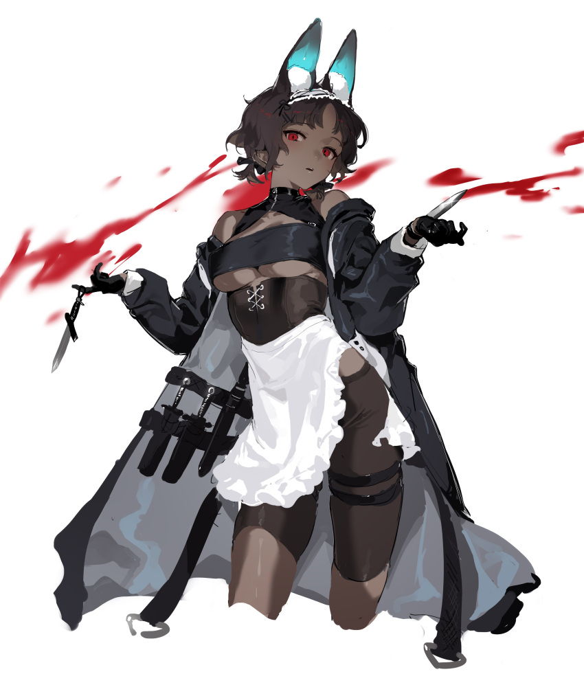 1girl absurdres apron black_gloves black_hair black_legwear breasts dark-skinned_female dark_skin gloves highres knife looking_at_viewer maid_apron original parted_lips red_eyes shisantian short_hair simple_background solo under_boob weapon white_background