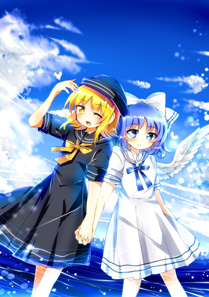2girls adapted_costume angel_wings black_dress black_headwear blonde_hair blue_eyes blue_hair blue_ribbon blue_skirt bow clouds cloudy_sky commentary_request day dress feathered_wings hair_bow highres holding_hands mai_(touhou) multiple_girls ougi_maimai outdoors ribbon sailor_collar short_sleeves skirt sky touhou touhou_(pc-98) white_dress white_wings wings yellow_eyes yellow_ribbon yuki_(touhou)