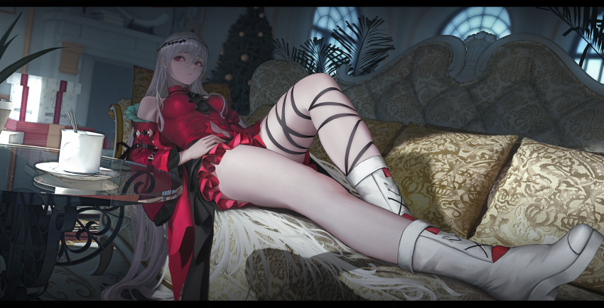 1girl absurdres arknights ascot bare_shoulders black_ascot black_ribbon boots breasts chinese_commentary christmas_present christmas_tree clothing_cutout commentary_request couch cup dress full_body gift hair_ornament hand_on_own_stomach highres indoors knee_up leg_ribbon letterboxed long_hair long_sleeves looking_away md5_mismatch medium_breasts navel navel_cutout no_hat no_headwear official_alternate_costume on_couch parted_lips reclining red_dress red_eyes revision ribbon sideways_glance silver_hair sitting skadi_(arknights) skadi_the_corrupting_heart_(arknights) solo thighs white_footwear wide_sleeves zfivez