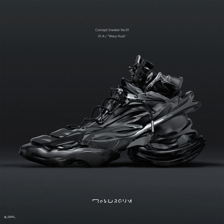 black_footwear commentary_request dark_background english_text highres no_humans original shadow shoes sneakers still_life swav twitter_username