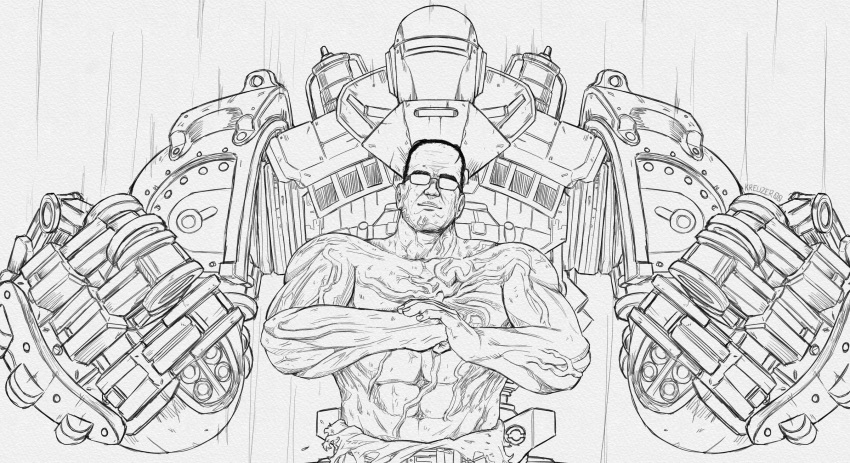 1boy abs commission english_commentary fallout_(series) fallout_4 flexing glasses greyscale highres kreuzer_00 liberty_prime mecha metal_gear_(series) metal_gear_rising:_revengeance monochrome muscular muscular_male nanomachines pose robot science_fiction signature simple_background steven_armstrong topless_male