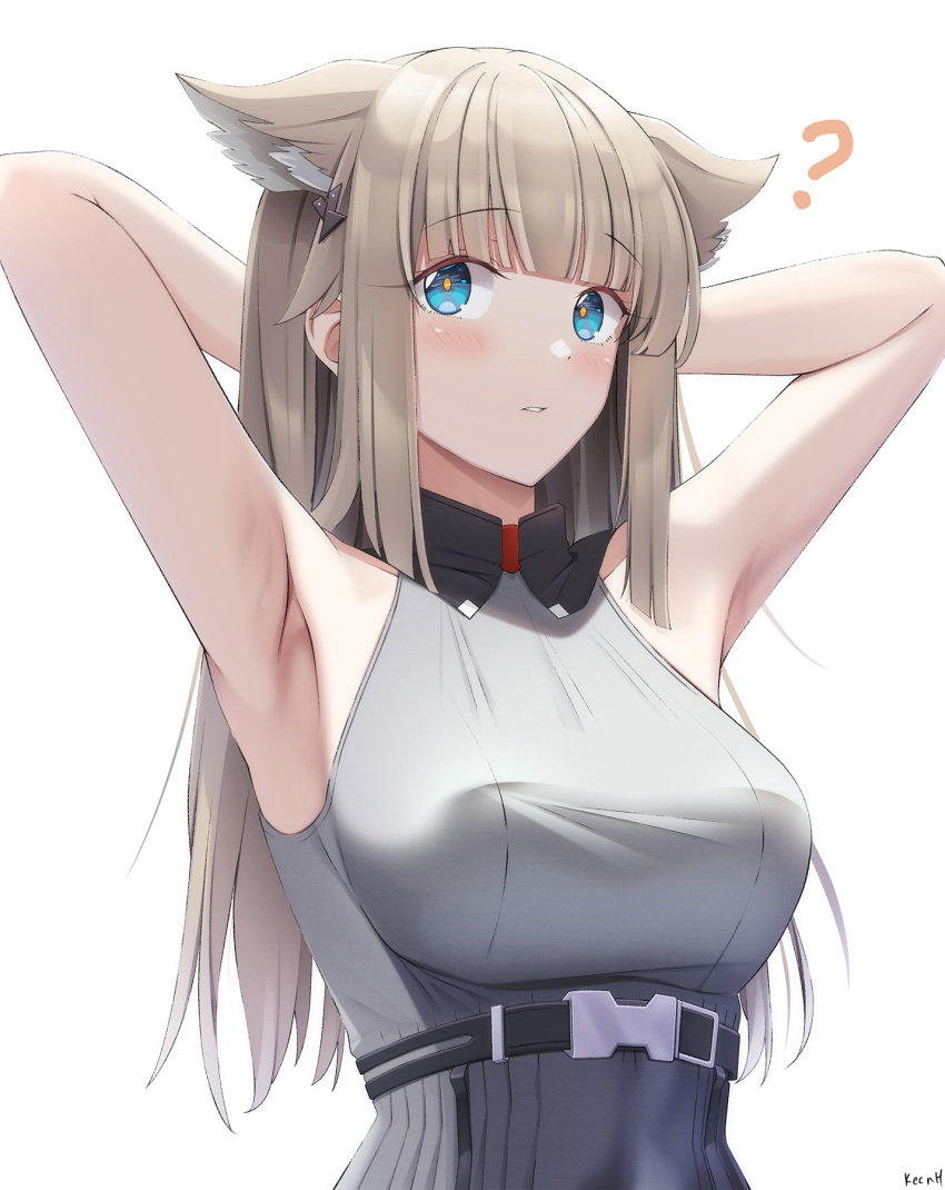 1girl ? animal_ear_fluff animal_ears arknights arknights:_endfield armpits arms_behind_head arms_up bangs bare_arms bare_shoulders blue_eyes blunt_bangs blush breasts brown_hair commentary_request dress eyebrows_visible_through_hair grey_dress highres keenh long_hair looking_at_viewer medium_breasts parted_lips perlica_(arknights) signature simple_background sleeveless sleeveless_dress solo upper_body very_long_hair white_background