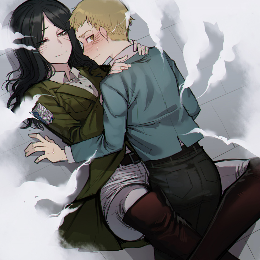 1boy 1girl age_difference black_hair black_pants blonde_hair blue_shirt blush boots boy_on_top brown_eyes closed_mouth embarrassed facial_mark falco_grice from_above full-face_blush green_jacket grey_eyes hetero hickey highres jacket knee_boots leg_lock long_hair looking_at_another looking_at_viewer looking_back lying on_back on_floor pants pieck_finger ratatatat74 shingeki_no_kyojin shirt short_hair smile spoilers steam survey_corps_(emblem) sweatdrop wavy_mouth white_pants