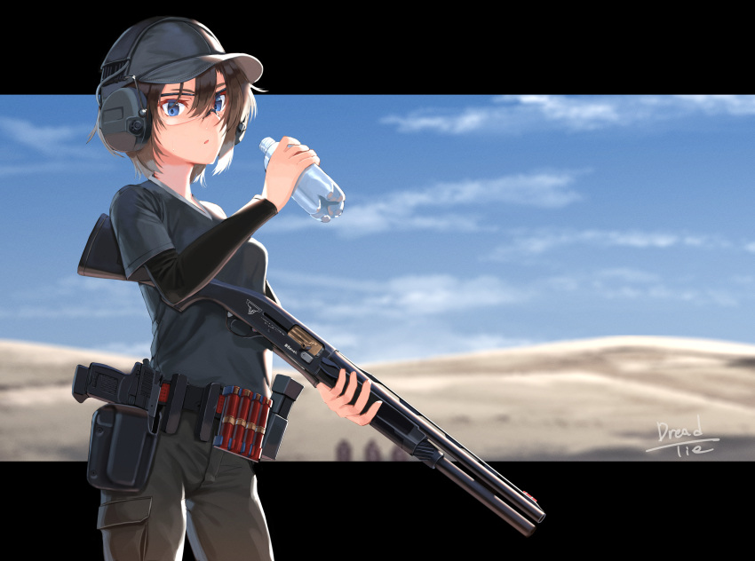 1girl absurdres artist_name bangs baseball_cap belt benelli_m2 black_shirt blue_eyes blue_sky bottle brown_hair brown_pants clouds cloudy_sky day dreadtie grey_headwear grey_shirt gun handgun hat headphones highres holding holding_bottle holding_gun holding_weapon holstered_weapon horizon layered_sleeves letterboxed long_sleeves magazine_(weapon) original outdoors outside_border pants parted_lips safety_glasses shirt short_hair short_over_long_sleeves short_sleeves signature sky solo t-shirt utility_belt weapon