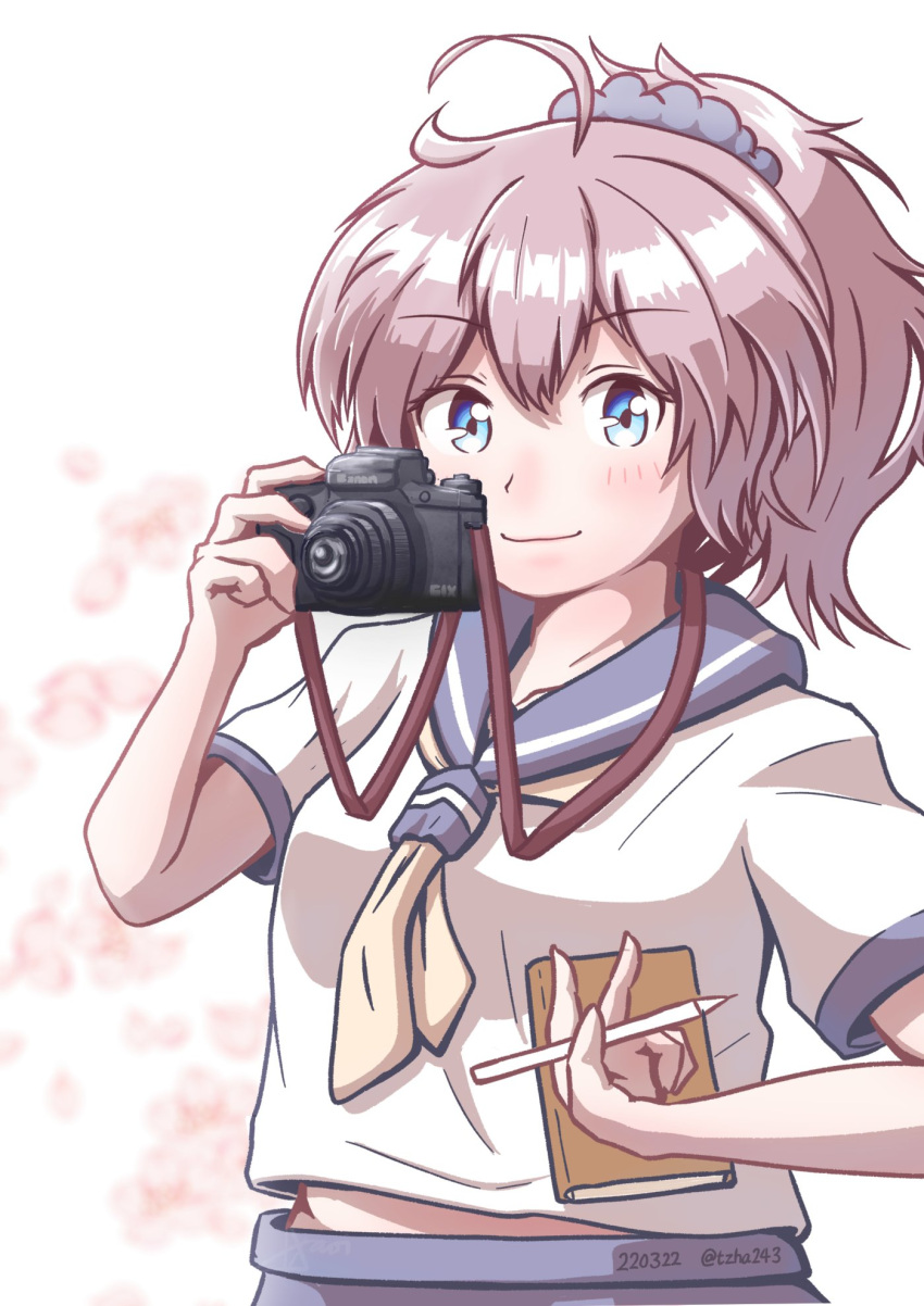 1girl aaoi aoba_(kancolle) blue_eyes blue_scrunchie camera hair_ornament hair_scrunchie highres kantai_collection messy_hair neckerchief one-hour_drawing_challenge ponytail purple_hair purple_sailor_collar sailor_collar school_uniform scrunchie serafuku solo upper_body white_background yellow_neckerchief
