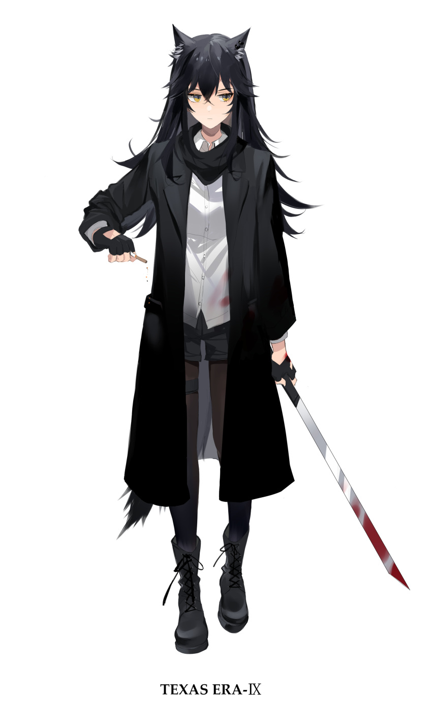 1girl absurdres animal_ears arknights black_coat black_footwear black_gloves black_hair black_legwear black_scarf black_shorts blood blood_on_clothes blood_on_hands blood_on_weapon boots cigarette closed_mouth coat commentary fingerless_gloves full_body gloves highres holding holding_cigarette holding_sword holding_weapon legwear_under_shorts long_hair long_sleeves meng_ziya pantyhose scarf shirt shorts simple_background solo sword tail texas_(arknights) weapon white_background white_shirt wolf_ears wolf_tail yellow_eyes