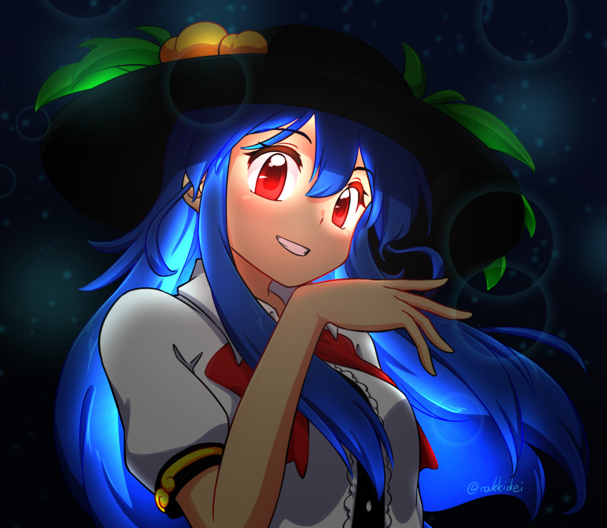 1girl black_headwear blue_hair bow bowtie center_frills collared_shirt commentary frills glowing glowing_eyes grin happy hat highres hinanawi_tenshi long_hair peach_hat_ornament puffy_short_sleeves puffy_sleeves rakkidei red_bow red_bowtie red_eyes shirt short_sleeves sidelocks smile sun_hat touhou upper_body white_shirt