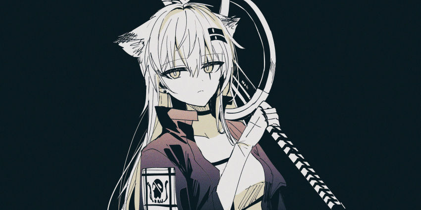 1girl absurdres animal_ear_fluff animal_ears arknights bangs black_background breasts chihuri choker closed_mouth collarbone eyebrows_visible_through_hair fingerless_gloves gloves hair_between_eyes hair_ornament hairclip hand_up highres holding holding_sword holding_weapon lappland_(arknights) long_hair long_sleeves looking_at_viewer medium_breasts monochrome scar scar_across_eye solo sword upper_body weapon
