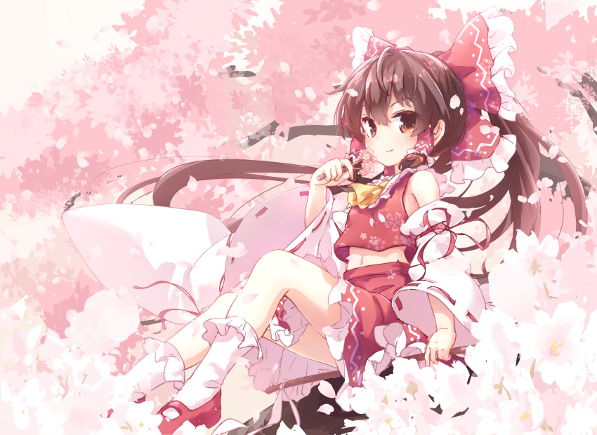 1girl absurdres ascot bow brown_eyes brown_hair closed_mouth collar detached_sleeves flower full_body hair_bow hair_tubes hakurei_reimu highres holding holding_flower isu_(is88) japanese_clothes long_hair navel nontraditional_miko red_bow red_footwear red_shirt red_skirt ribbon-trimmed_sleeves ribbon_trim shirt short_hair sidelocks sitting skirt smile solo touhou white_legwear yellow_ascot