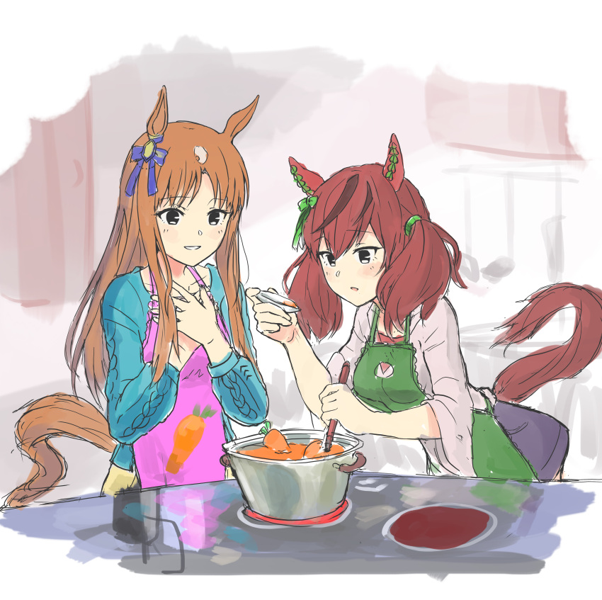 2girls absurdres animal_ears apron bangs blue_sweater brown_hair carrot cooking ear_covers grass_wonder_(umamusume) hands_on_own_chest highres horse_ears horse_girl horse_tail jtleeklm ladle leaning_forward long_hair long_sleeves multicolored_hair multiple_girls nice_nature_(umamusume) open_mouth parted_lips plant potted_plant red_eyes shirt smile streaked_hair sweater table tail teeth twintails umamusume upper_body white_shirt wide_sleeves