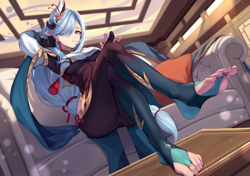 1girl absurdres adjusting_hair bld_zi blue_eyes bodysuit braid braided_ponytail breast_curtain breasts couch crossed_legs eyes_visible_through_hair feet from_below genshin_impact hair_ornament hair_over_one_eye hand_on_own_knee highres indoors large_breasts long_hair looking_at_viewer on_couch parted_lips shenhe_(genshin_impact) silver_hair sitting solo toes waist_cutout