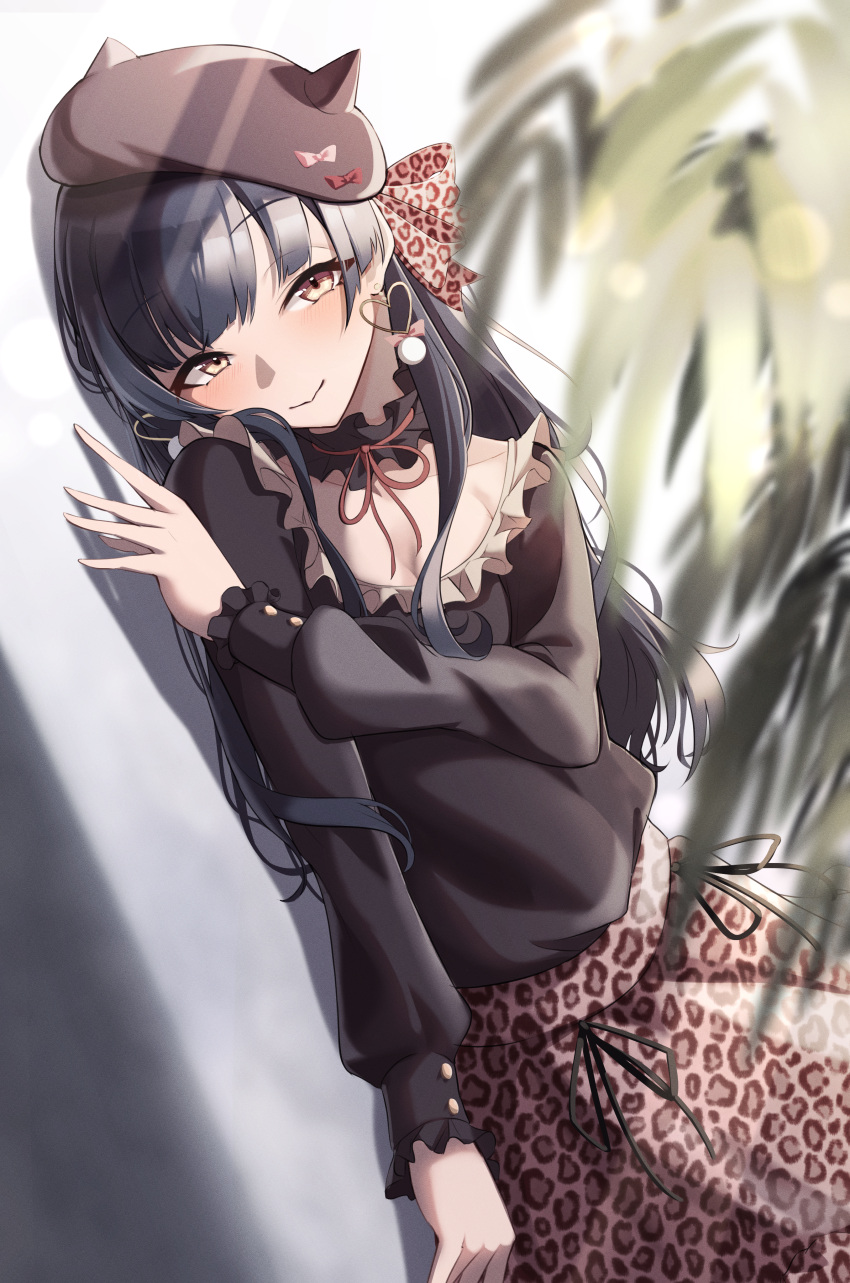1girl absurdres bangs black_choker black_hair black_shirt blurry blurry_foreground bow brown_headwear choker closed_mouth collarbone earrings eyebrows_visible_through_hair hair_bow hat hat_bow heart heart_earrings highres idolmaster idolmaster_shiny_colors jewelry long_hair long_sleeves looking_at_viewer lying mayuzumi_fuyuko odecono3 on_side pink_bow print_bow print_skirt red_bow red_ribbon ribbon shiny shiny_hair shirt skirt smile solo very_long_hair yellow_eyes