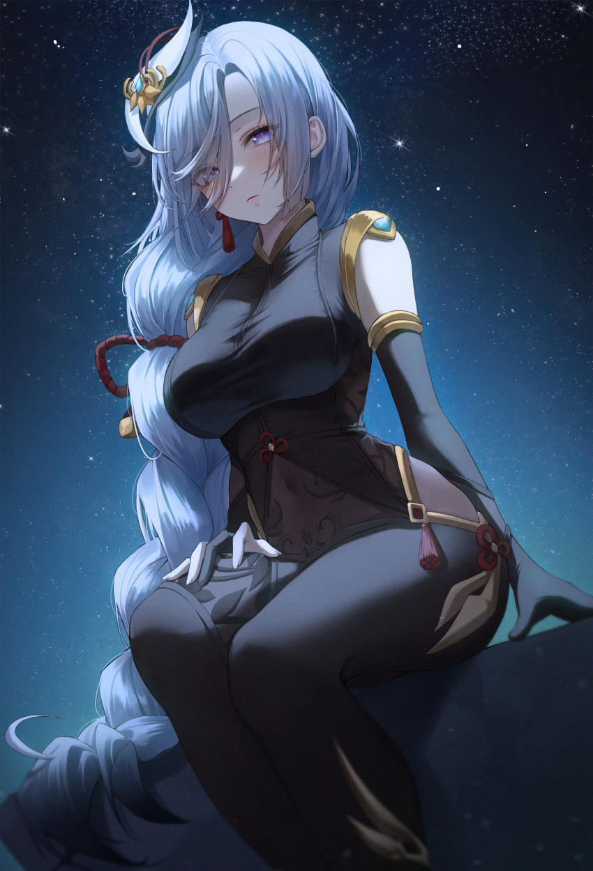1girl absurdres ame_816 bangs black_gloves blue_eyes blush bodysuit braid braided_ponytail breasts clothing_cutout covered_navel elbow_gloves genshin_impact gloves hair_ornament hair_over_one_eye highres hip_vent large_breasts long_hair long_sleeves looking_at_viewer night night_sky partially_fingerless_gloves puffy_long_sleeves puffy_sleeves shenhe_(genshin_impact) shoulder_cutout silver_hair sitting sky solo star_(sky) starry_sky tabard tassel thighs very_long_hair