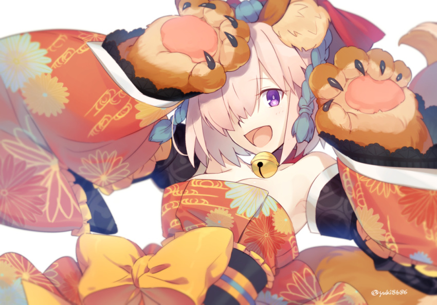 1girl alternate_costume animal_ears animal_hands bare_shoulders bell commentary_request cosplay detached_sleeves eyebrows_visible_through_hair fake_animal_ears fake_tail fate/grand_order fate_(series) fox_ears fox_tail gloves hair_over_one_eye jam8686 japanese_clothes jingle_bell kimono light_purple_hair mash_kyrielight mixed-language_commentary neck_bell obi one_eye_covered open_mouth orange_kimono paw_gloves sash short_hair smile solo tail tamamo_(fate) tamamo_cat_(fate) tamamo_cat_(fate)_(cosplay) tongue twitter_username upper_body violet_eyes white_background wide_sleeves