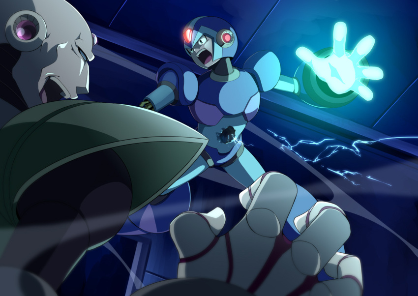 2boys android angry armor bald blue_armor commentary_request electricity glowing green_armor helmet looking_at_viewer male_focus mega_man_(series) mega_man_x_(character) mega_man_x_(series) multiple_boys open_mouth parco_1315 pointy_nose robot shaded_face shadow sigma_(mega_man) teeth upper_teeth