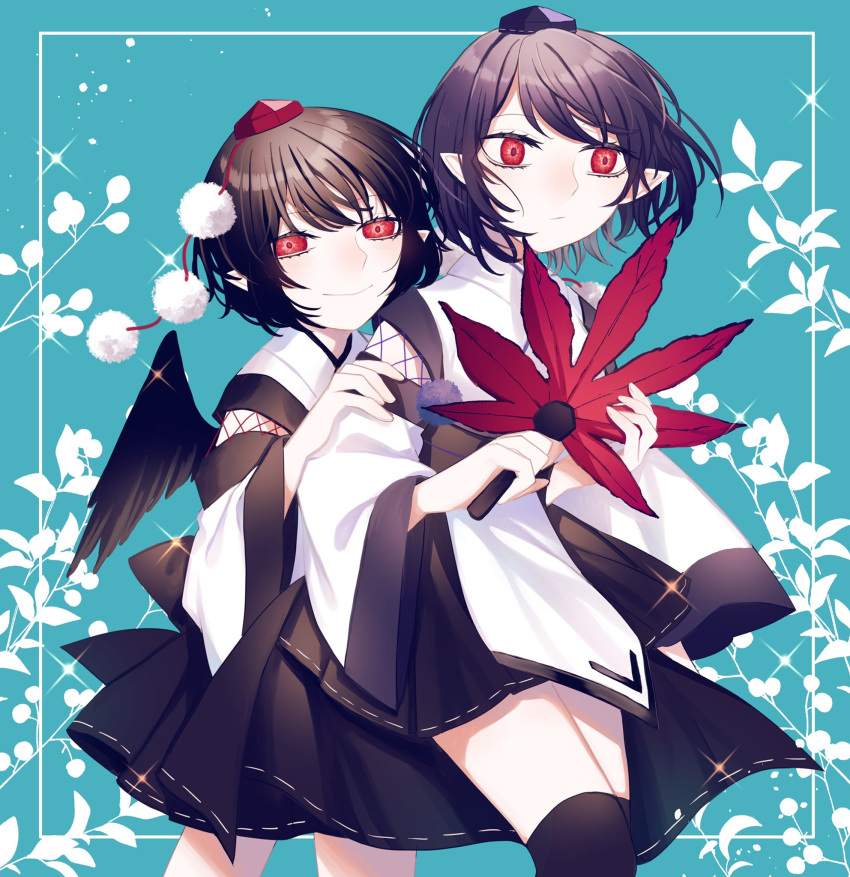 2girls autumn_leaves bangs black_hair black_legwear black_skirt blue_background blue_headwear brown_hair closed_mouth commentary_request detached_sleeves eyebrows_visible_through_hair flower hair_between_eyes hand_fan hands_up hat highres iizunamaru_megumu leaf long_sleeves looking_at_another looking_to_the_side mini_wings multiple_girls pointy_ears pom_pom_(clothes) red_eyes red_headwear shameimaru_aya shirt short_hair skirt smile sparkle standing thigh-highs tokin_hat toraneko_2 touhou white_flower white_shirt wide_sleeves wings