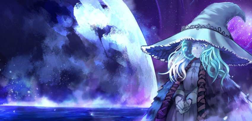 1girl blue_eyes blue_hair blue_skin colored_skin commentary cracked_skin doll_joints dress elden_ring extra_arms extra_faces fur_cloak hat hat_ornament highres joints long_hair moon night night_sky nn_(eogks) one_eye_closed ranni_the_witch sky smile solo water witch_hat