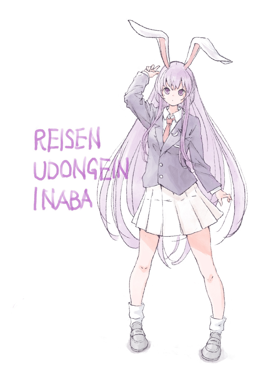 1girl absurdres animal_ears arm_up bangs brown_eyes buttons character_name closed_mouth collared_jacket collared_shirt commentary_request crescent crescent_pin english_text full_body grey_footwear grey_jacket hair_between_eyes hand_up highres jacket long_hair long_sleeves looking_up necktie purple_hair rabbit_ears red_necktie reisen_udongein_inaba satyuas shirt shoes simple_background skirt socks solo standing touhou white_background white_legwear white_shirt white_skirt